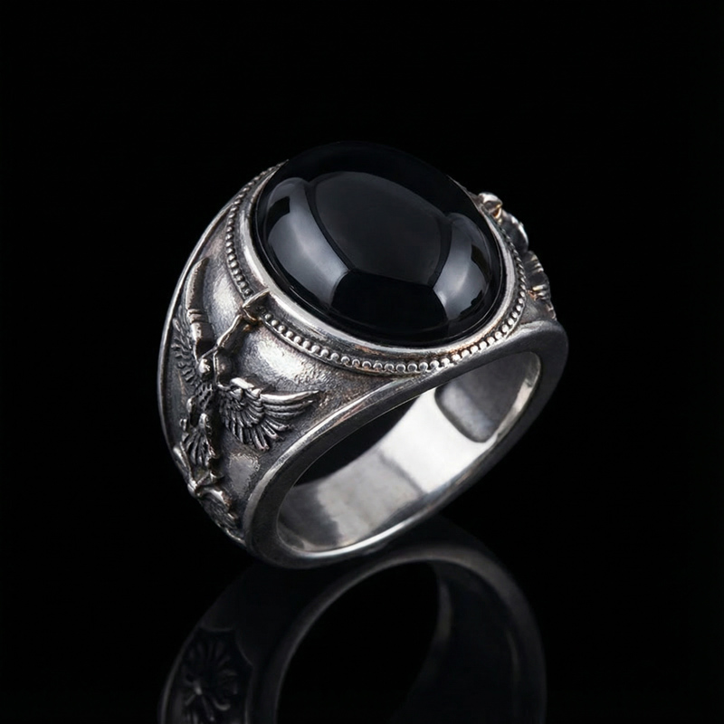 Archangel Saint Michael Men's Oval Natural Stones Signet Ring Gold - Image 5