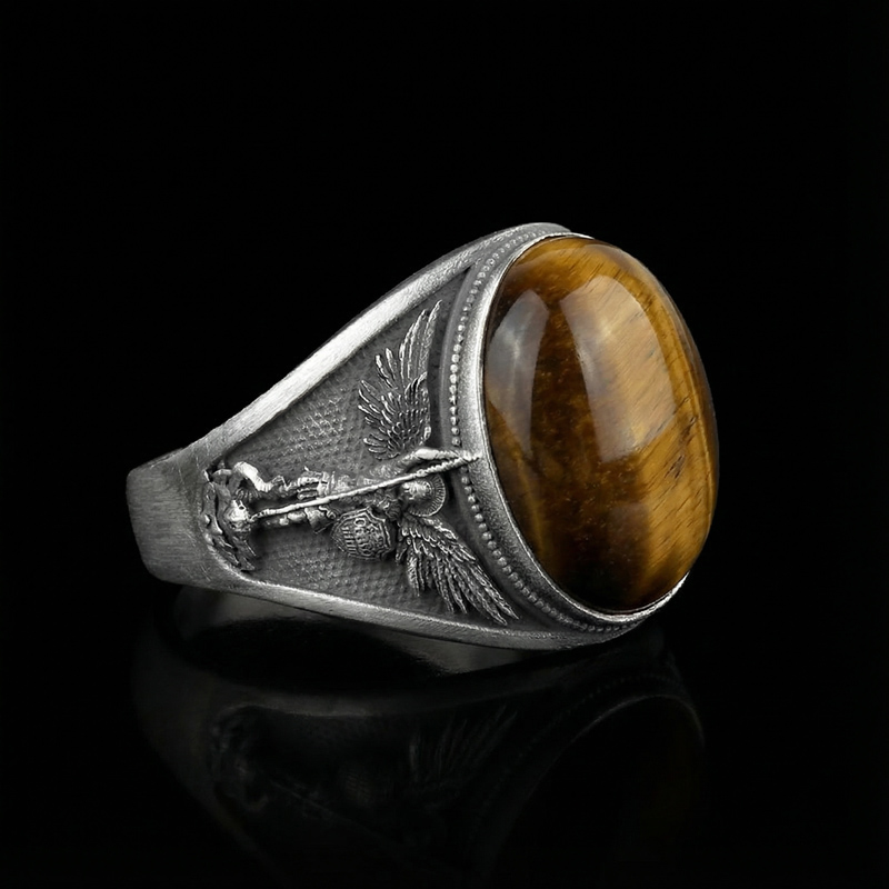 Archangel Saint Michael Men's Oval Natural Stones Signet Ring Gold - Image 7