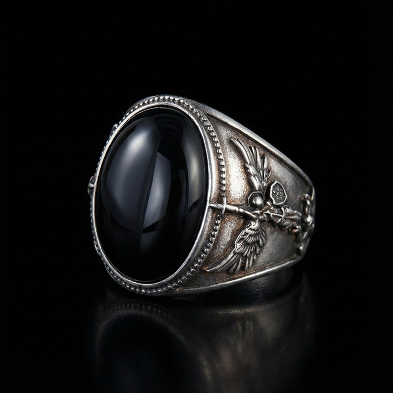 Archangel Saint Michael Men's Oval Natural Stones Signet Ring Gold