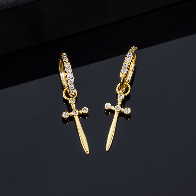 Iced Out Sword Dangle Earring Gold With Street Luxury Shine