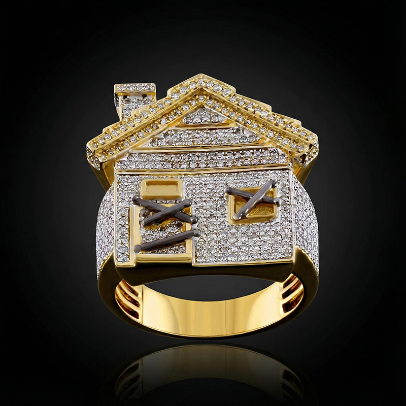 Iced Out Trap House Ring In Gold Gold Shine With Street Luxury