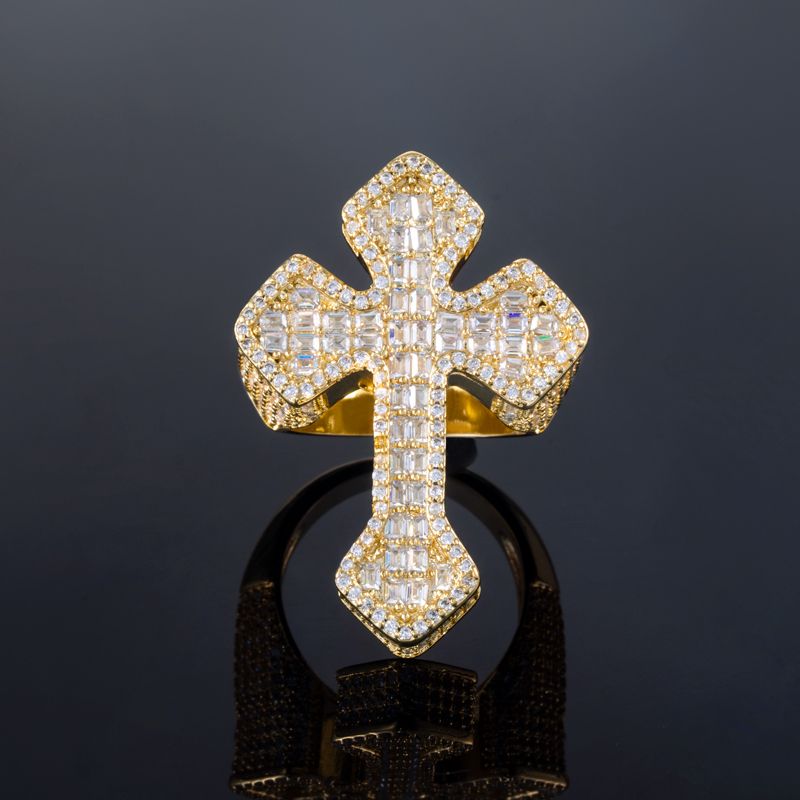 Full Iced Out Baguette Cut Cross Shaped Ring Gold With Street Luxury Shine - Image 4