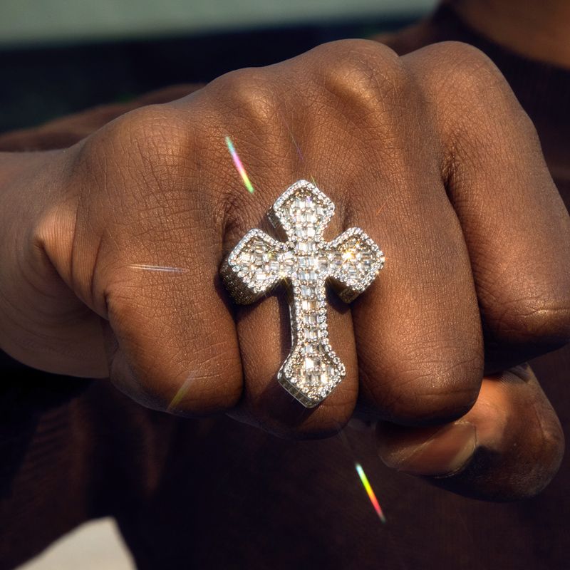 Full Iced Out Baguette Cut Cross Shaped Ring Gold With Street Luxury Shine - Image 5