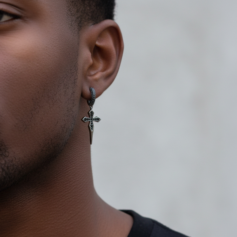Iced Out Sharp Cross Drop Earring In Black Gold With Street Luxury Shine - Image 3