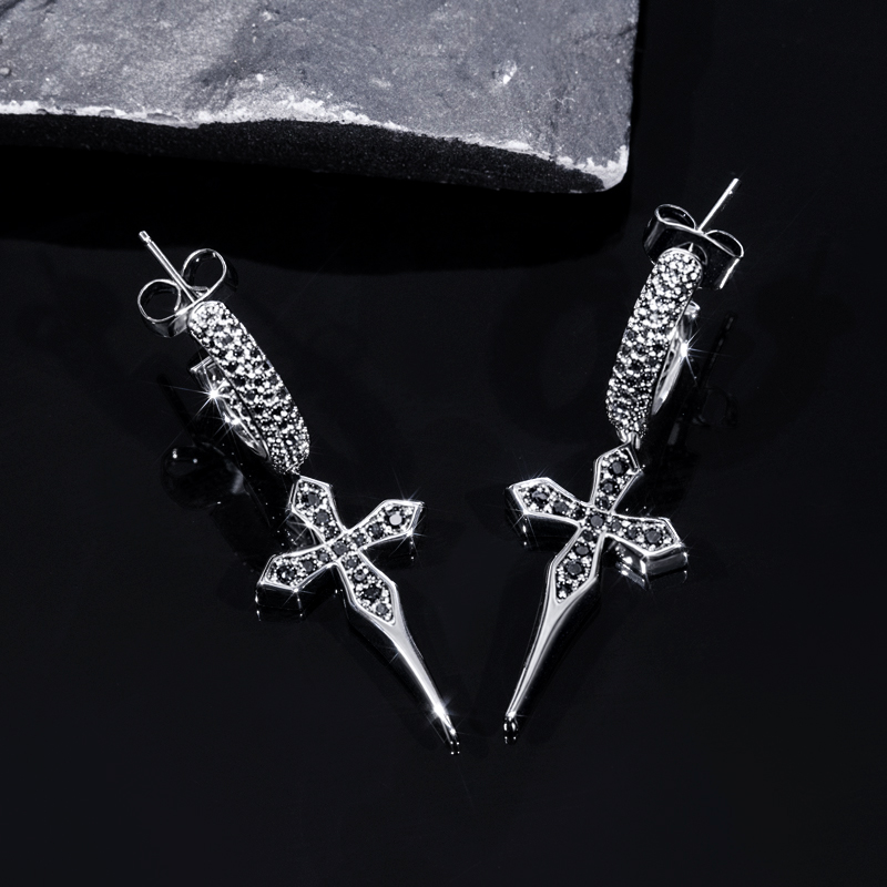 Iced Out Sharp Cross Drop Earring In Black Gold With Street Luxury Shine - Image 4
