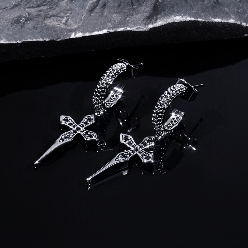 Iced Out Sharp Cross Drop Earring In Black Gold With Street Luxury Shine - Image 5