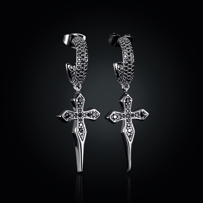 Iced Out Sharp Cross Drop Earring In Black Gold With Street Luxury Shine