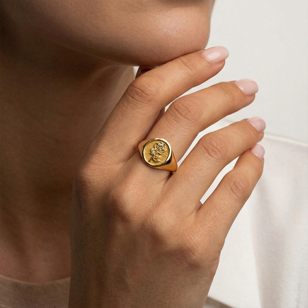 Personalized Birth Flower And Sunflower Signet Ring For Women Gold - Image 4