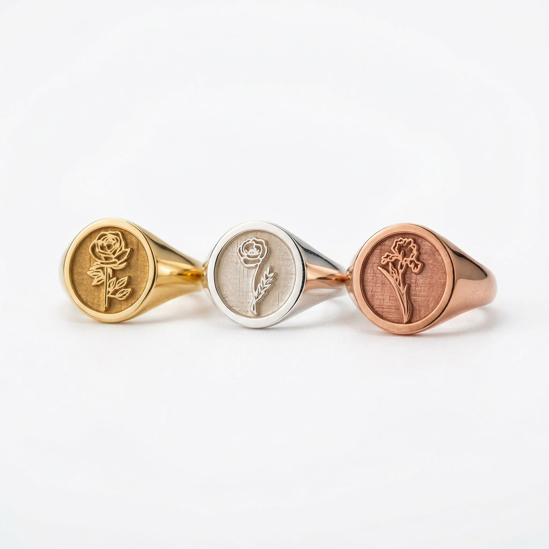 Personalized Birth Flower And Sunflower Signet Ring For Women Gold - Image 5