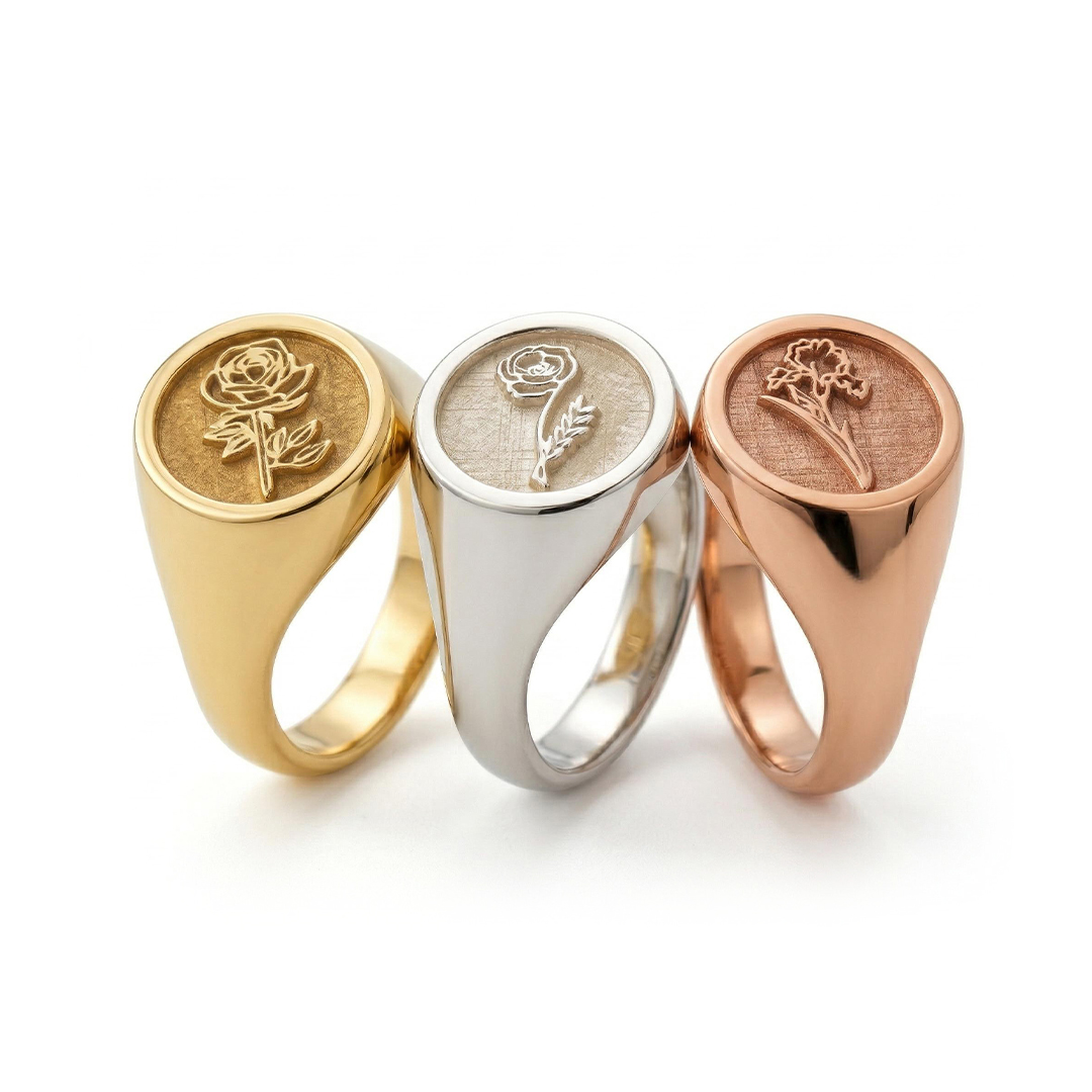 Personalized Birth Flower And Sunflower Signet Ring For Women Gold - Image 6
