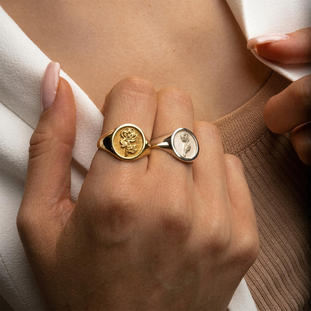 Personalized Birth Flower And Sunflower Signet Ring For Women Gold - Image 7
