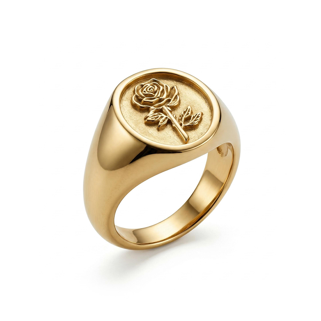 Personalized Birth Flower And Sunflower Signet Ring For Women Gold