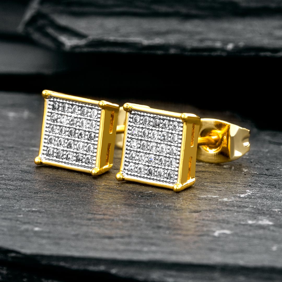 Square Diamonds Paved Stud Earrings Gold With Street Luxury Shine - Image 4