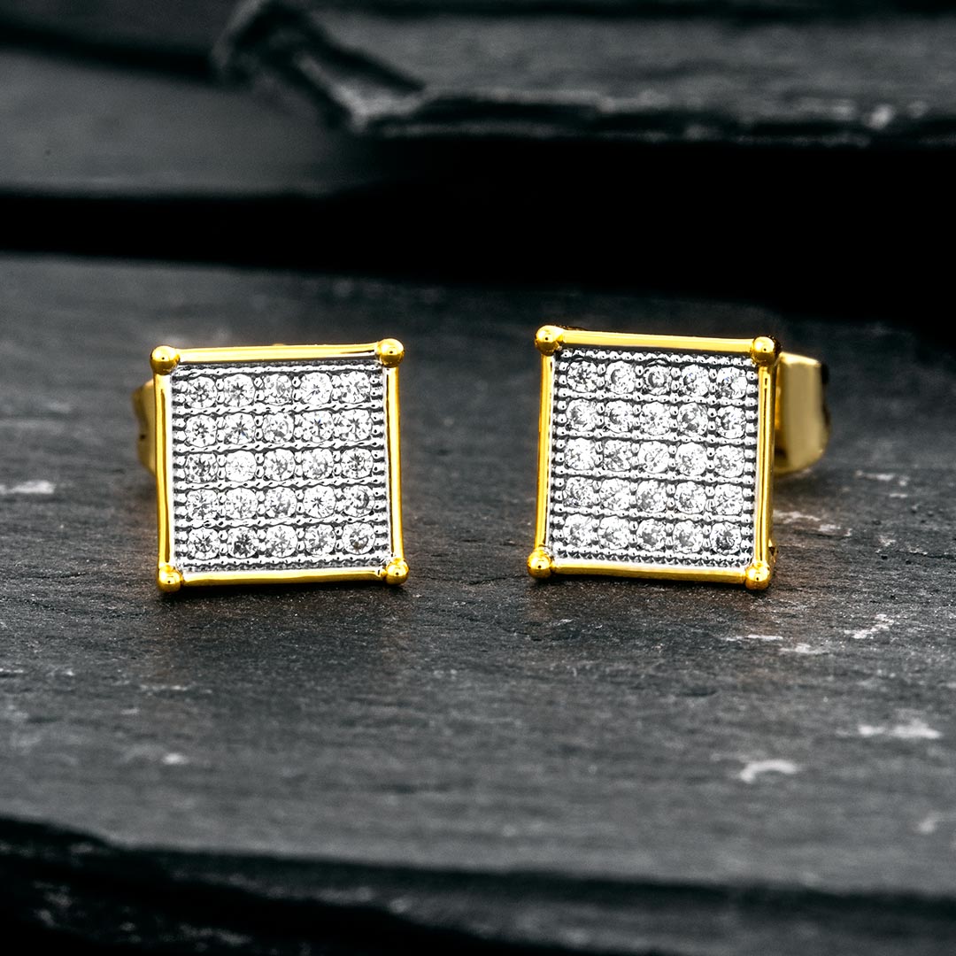 Square Diamonds Paved Stud Earrings Gold With Street Luxury Shine - Image 5