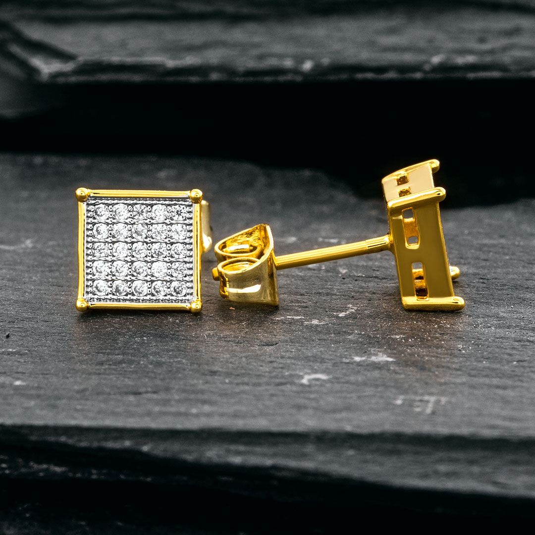 Square Diamonds Paved Stud Earrings Gold With Street Luxury Shine