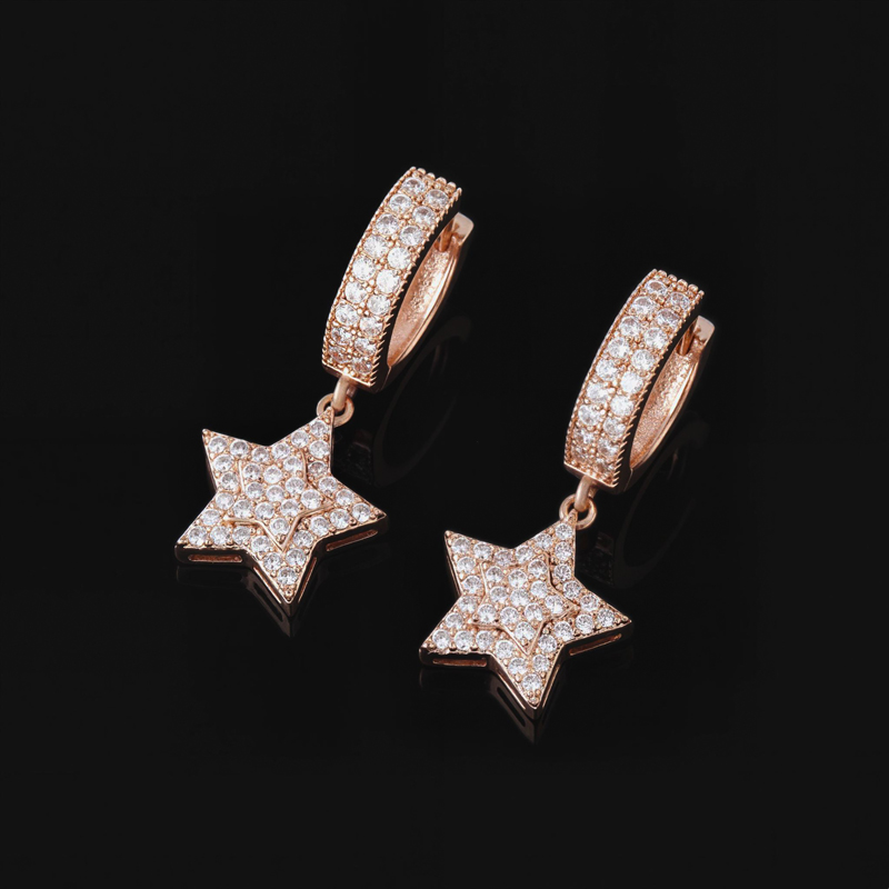 Iced Out Five-pointed Star Dangle Earrings Silver With Street Luxury Shine