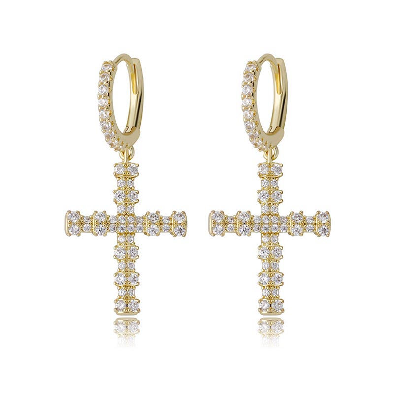 Iced Out Bamboo Cross Dangle Earrings Gold With Street Luxury Shine - Image 3