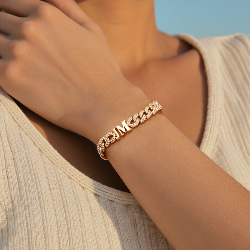 Personalized Initials Charm Cubic Chain Bracelet With Diamond Iced Out - Image 3