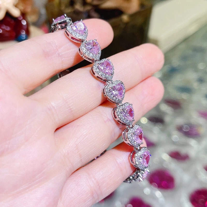 Dainty Heart Cut Pink Diamond Bracelet With Sparkling Accents Iced Out - Image 6