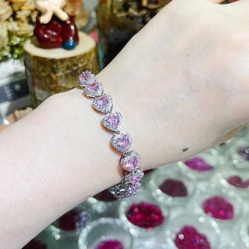 Dainty Heart Cut Pink Diamond Bracelet With Sparkling Accents Iced Out - Image 7