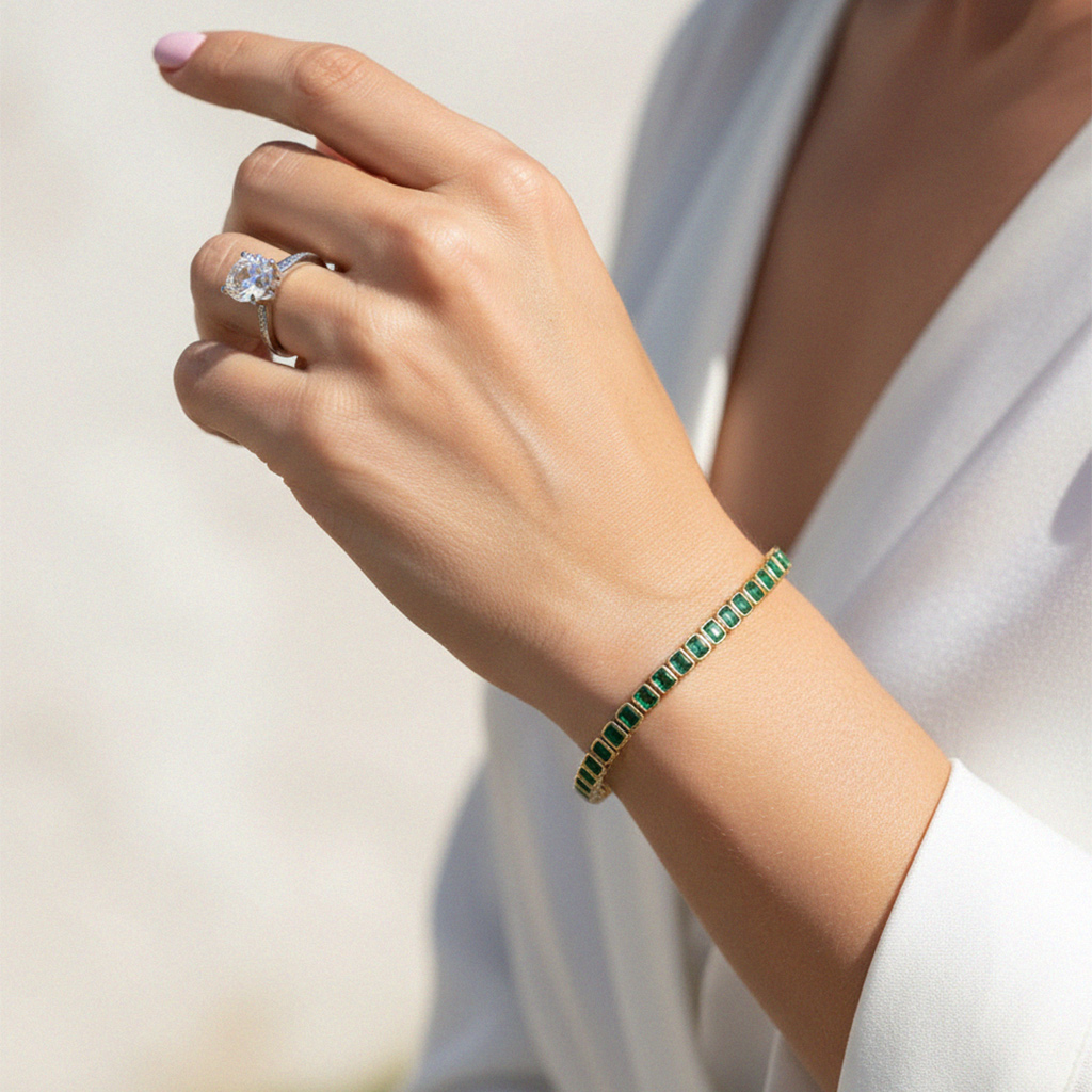S925 Silver Emerald Tennis Bracelet In Yellow Gold With Iced Out Shine - Image 3