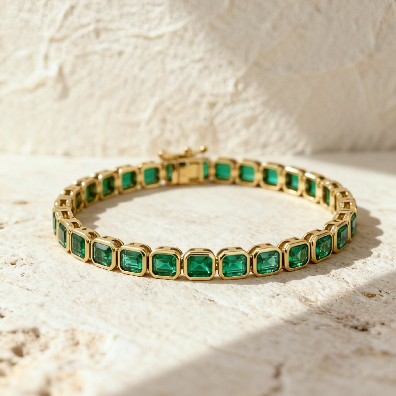 S925 Silver Emerald Tennis Bracelet In Yellow Gold With Iced Out Shine