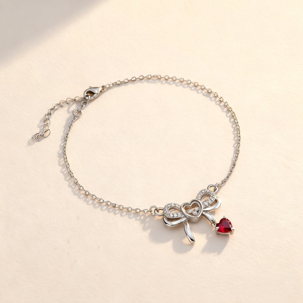 Customized Heart-shaped Birthstone Floating Diamonds Bow Bracelet Gold