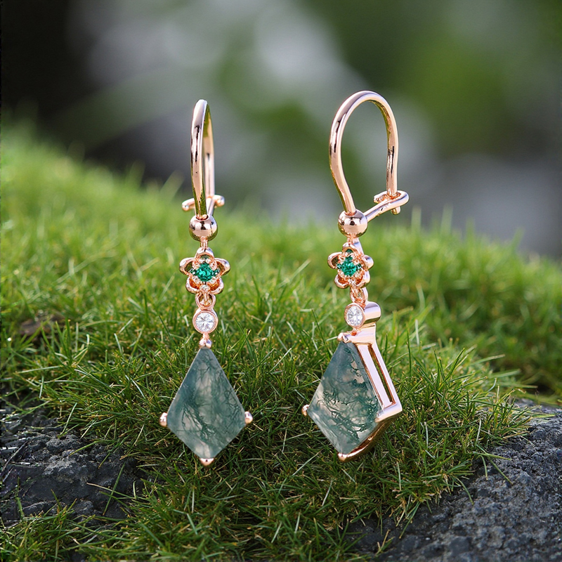 2.58ct Kite Cut Moss Agate & Round Cut Moissanite Floral Emerald Accented - Image 4