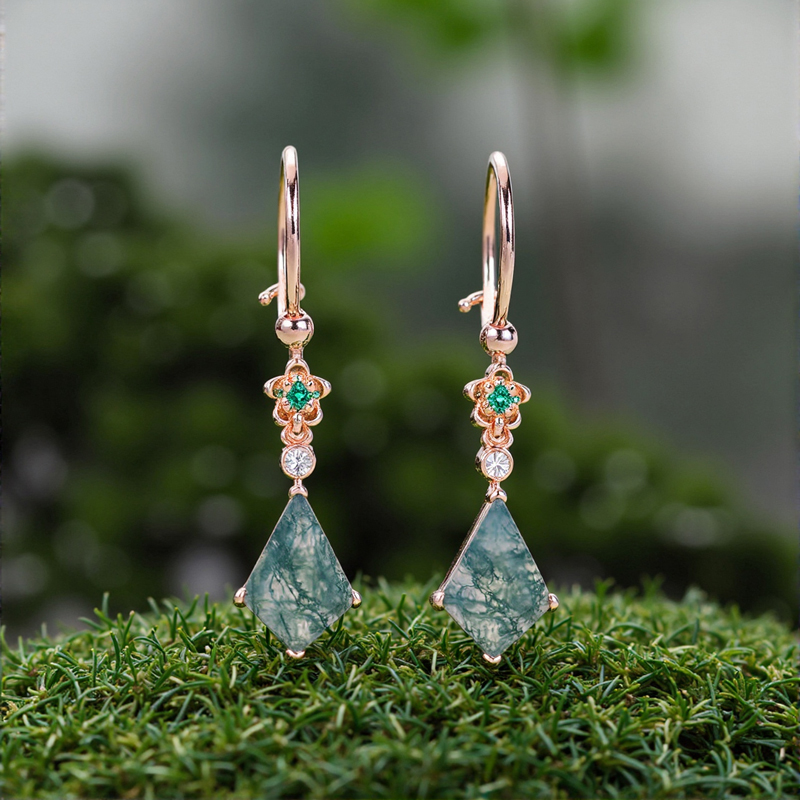 2.58ct Kite Cut Moss Agate & Round Cut Moissanite Floral Emerald Accented