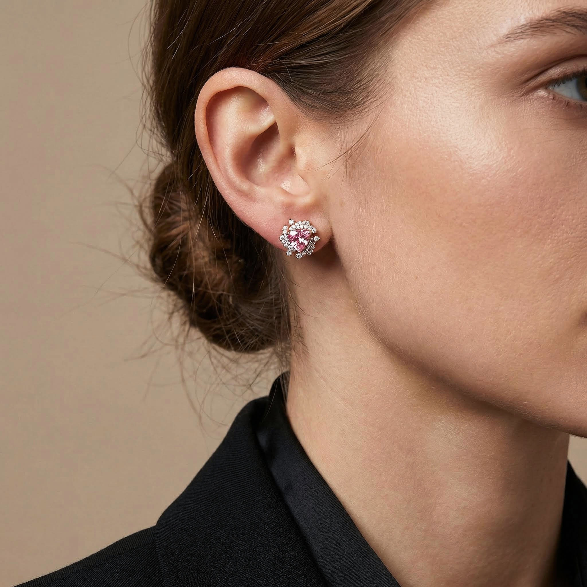 Sleek Symmetry Pink Trillion Cut Halo Diamond Earrings Iced Out - Image 3
