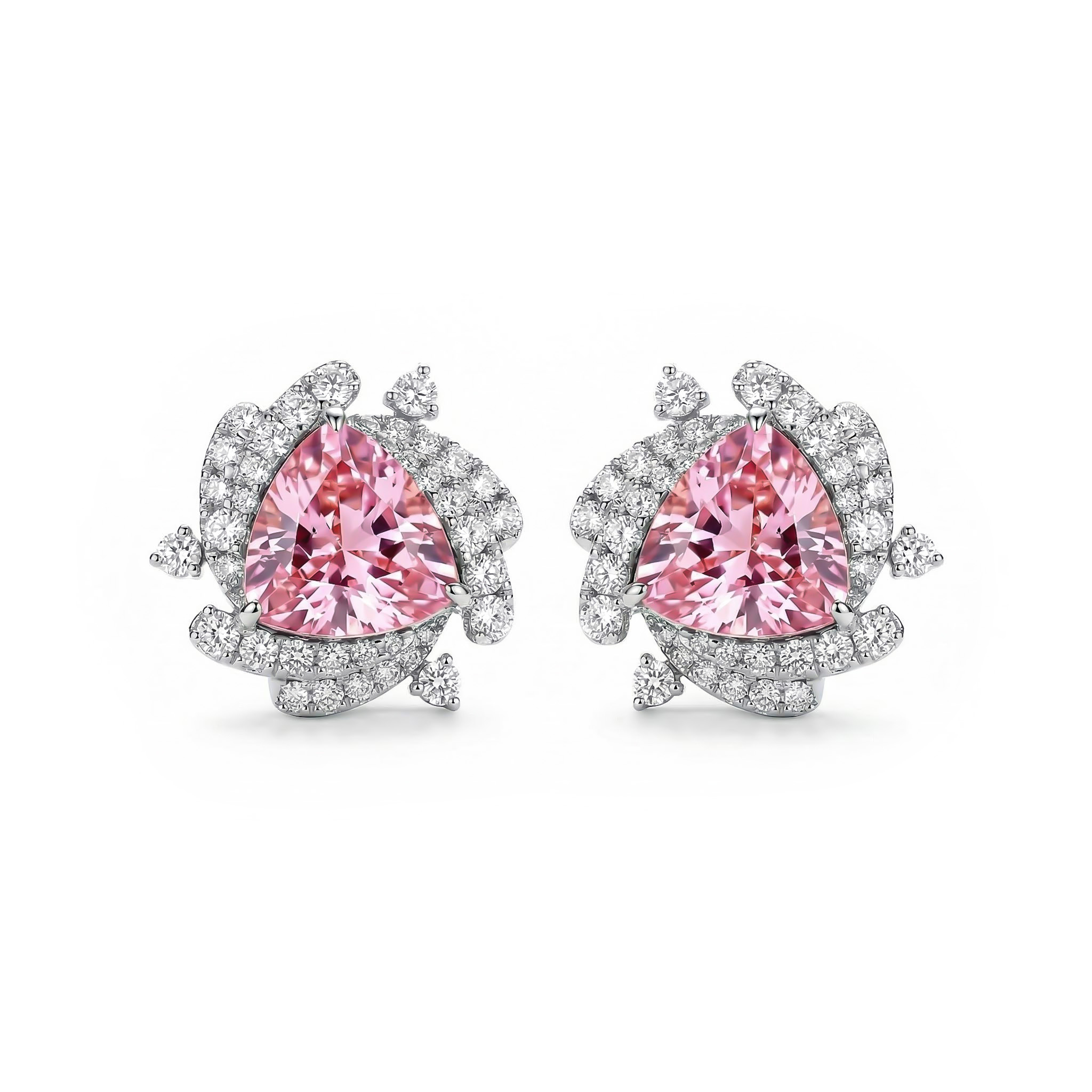 Sleek Symmetry Pink Trillion Cut Halo Diamond Earrings Iced Out - Image 5