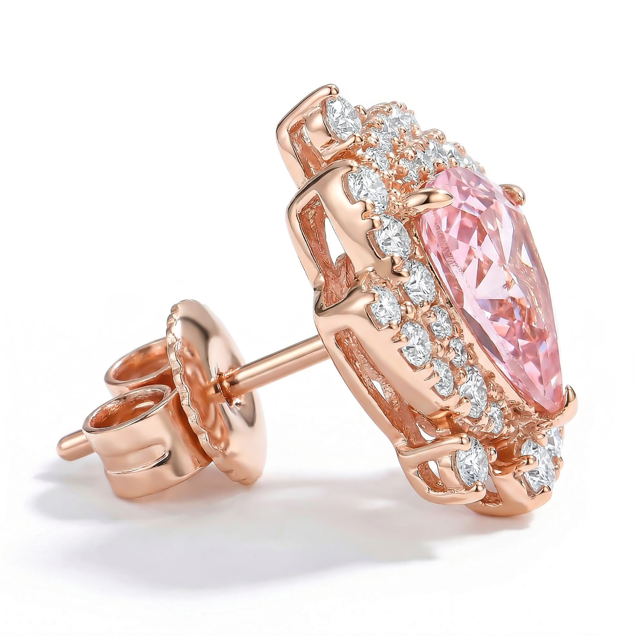 Sleek Symmetry Pink Trillion Cut Halo Diamond Earrings Iced Out - Image 9