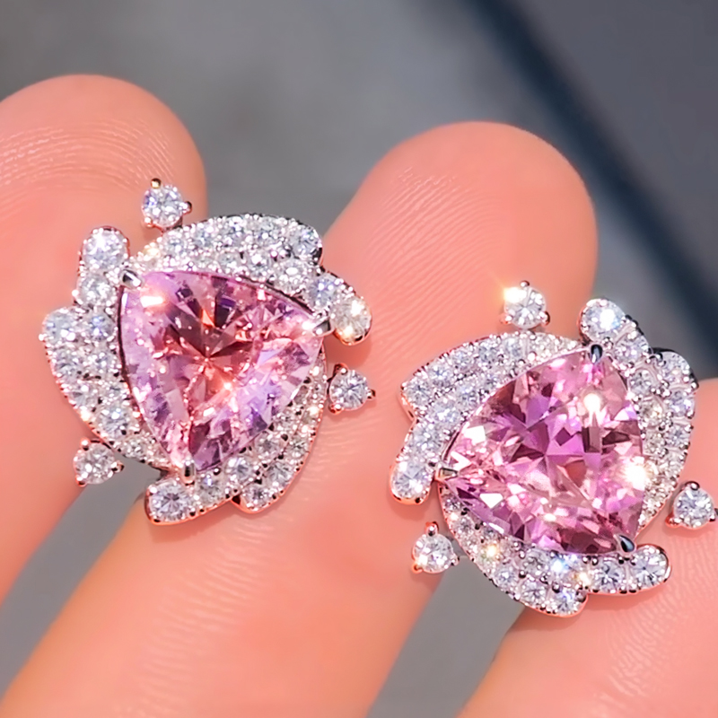 Sleek Symmetry Pink Trillion Cut Halo Diamond Earrings Iced Out - Image 10