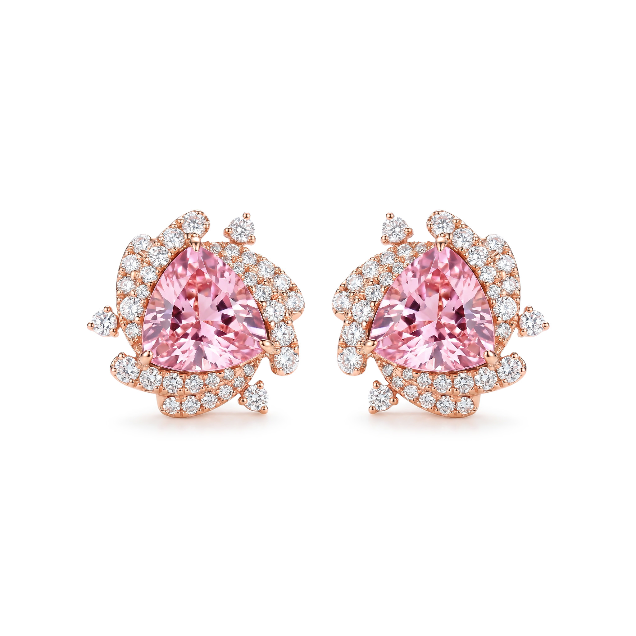 Sleek Symmetry Pink Trillion Cut Halo Diamond Earrings Iced Out