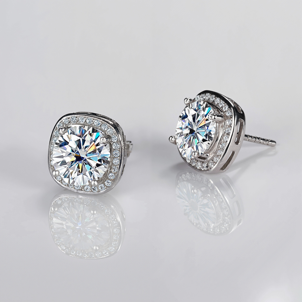 0.5ct/1ct/2ct Square Shape Vvs Moissanite S925 Silver Halo Stud Earrings