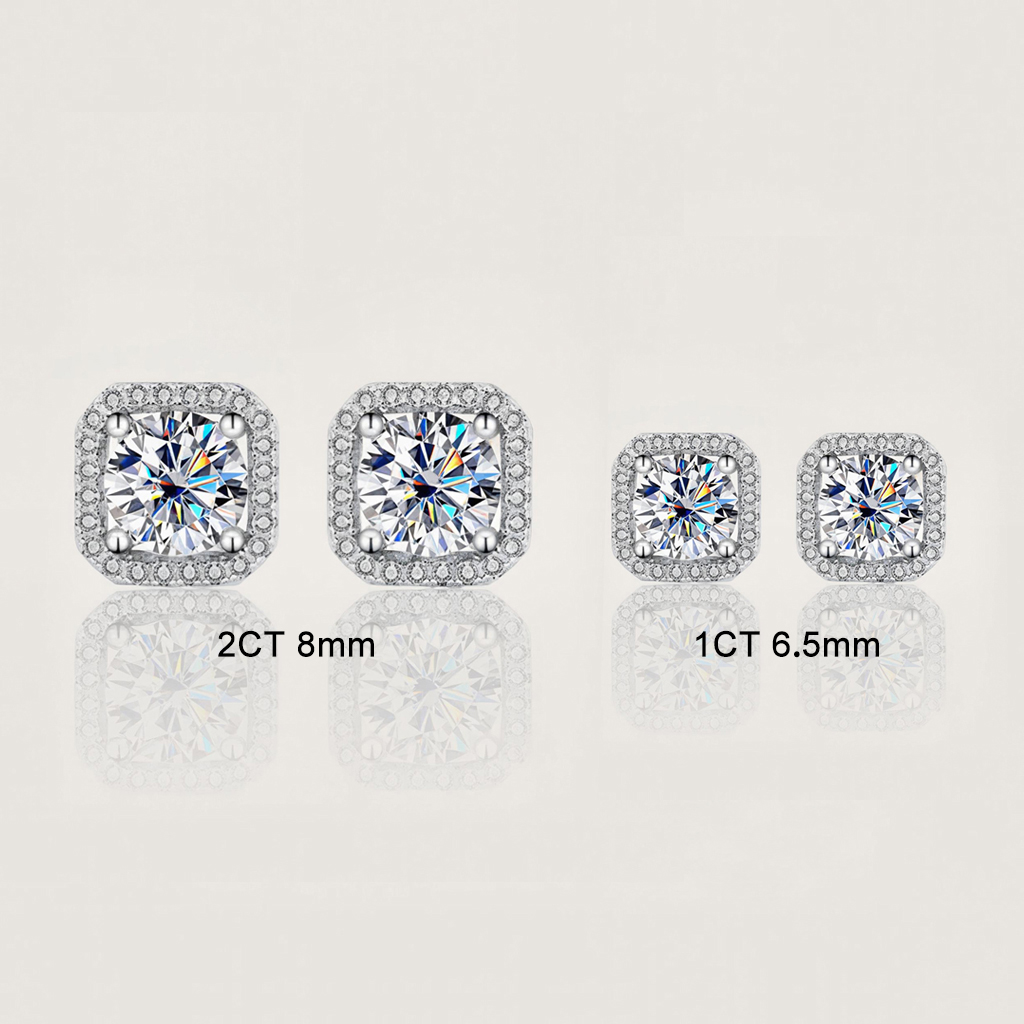 1ct/2ct Square Shape Vvs Moissanite S925 Silver Halo Stud Earrings Iced Out - Image 3