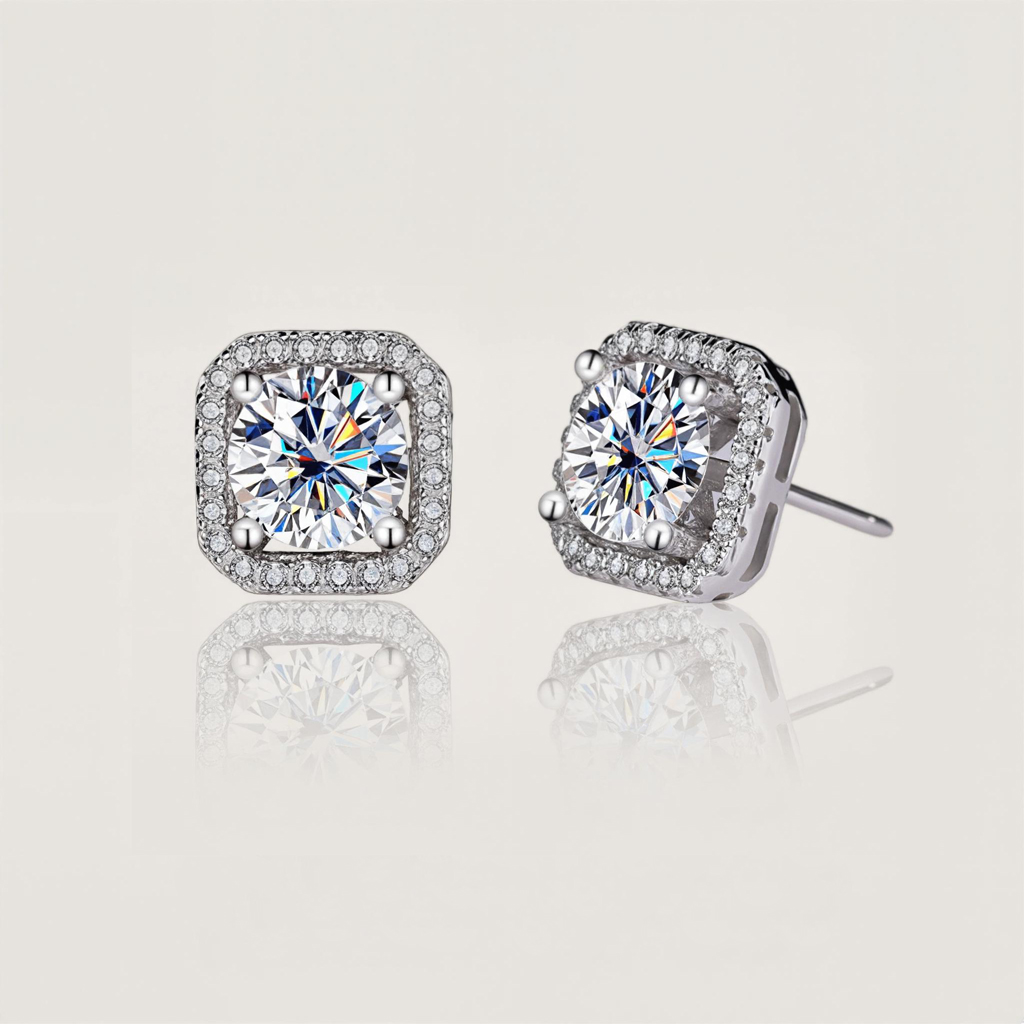 1ct/2ct Square Shape Vvs Moissanite S925 Silver Halo Stud Earrings Iced Out - Image 5