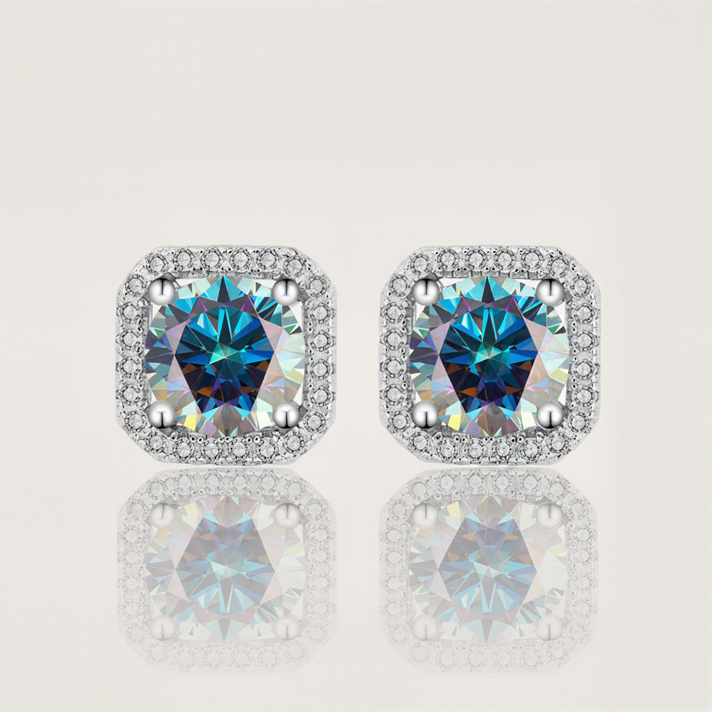 1ct/2ct Square Shape Vvs Moissanite S925 Silver Halo Stud Earrings Iced Out - Image 6