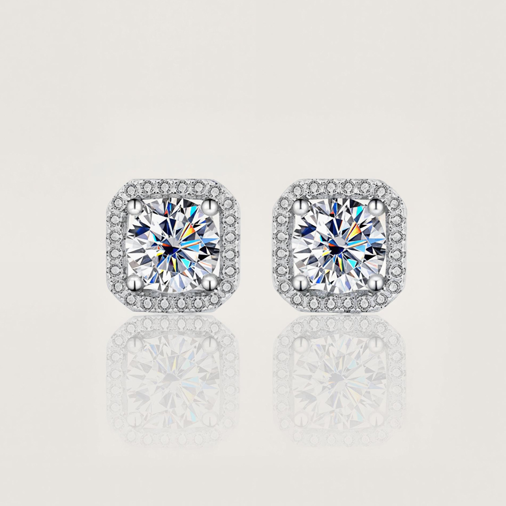 1ct/2ct Square Shape Vvs Moissanite S925 Silver Halo Stud Earrings Iced Out