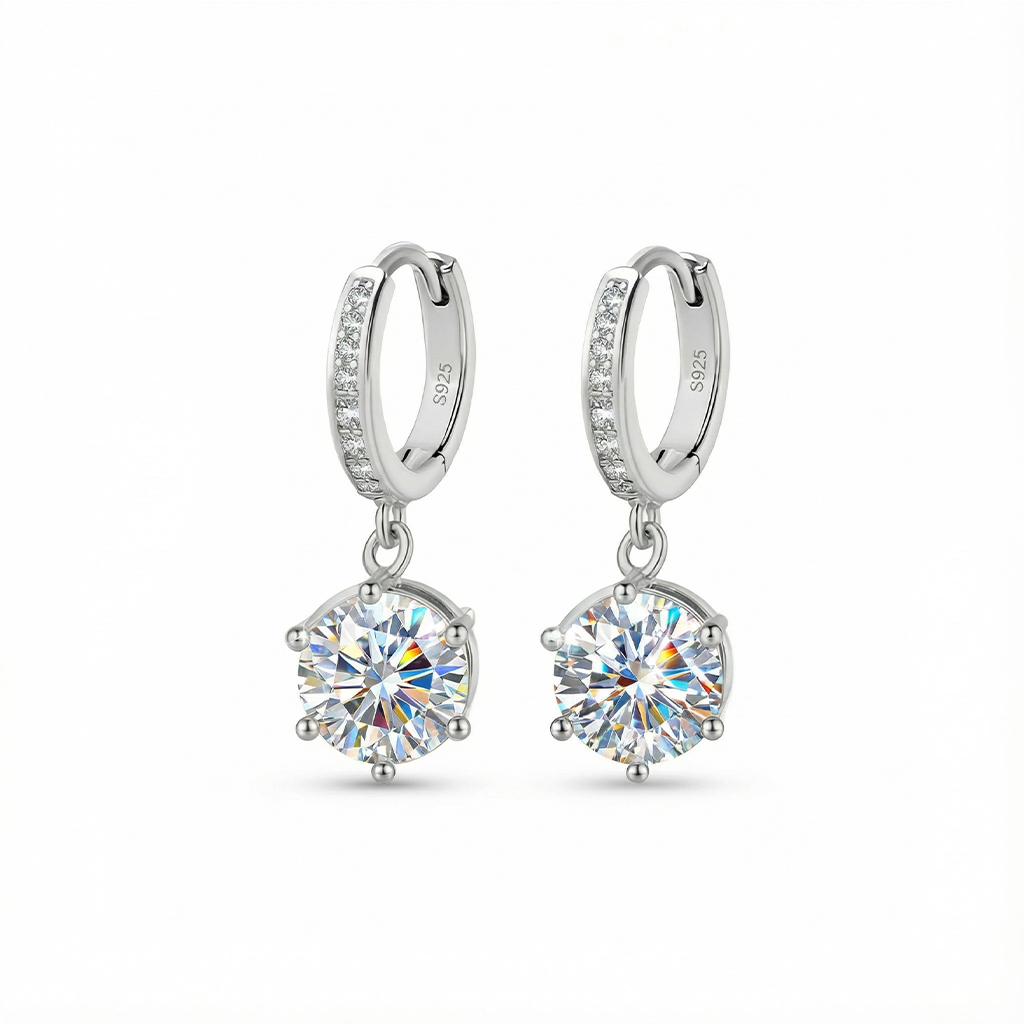 0.5ct/1ct/2ct Round Cut Six Prongs Vvs Moissanite S925 Silver Drop Earrings