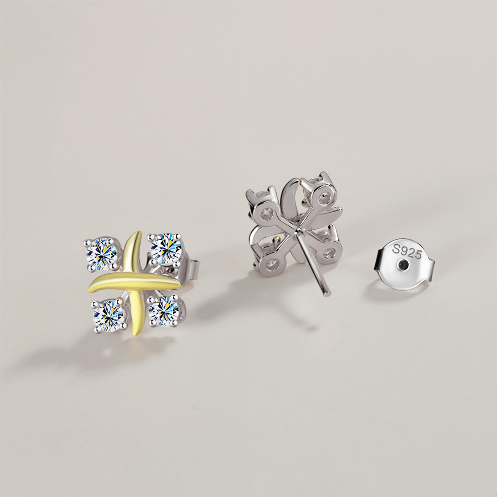 Vvs Moissanite S925 Silver Two-tone Criss Cross Stud Earrings Iced Out - Image 4