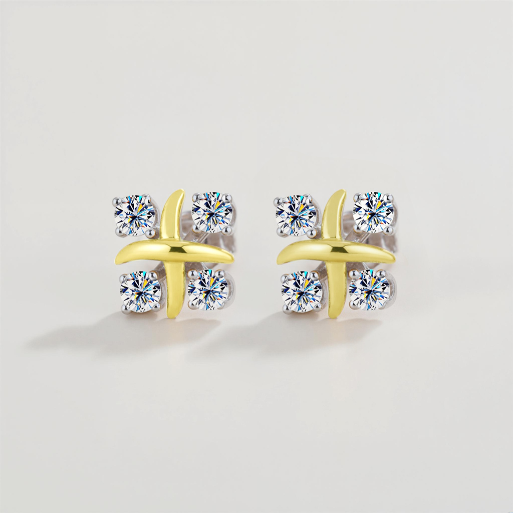 Vvs Moissanite S925 Silver Two-tone Criss Cross Stud Earrings Iced Out