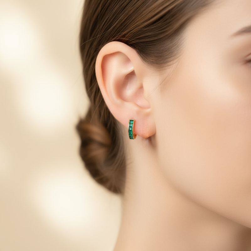 Street Luxury S925 Silver Emerald Princess Cut Channel Set Hoop Earrings - Image 3