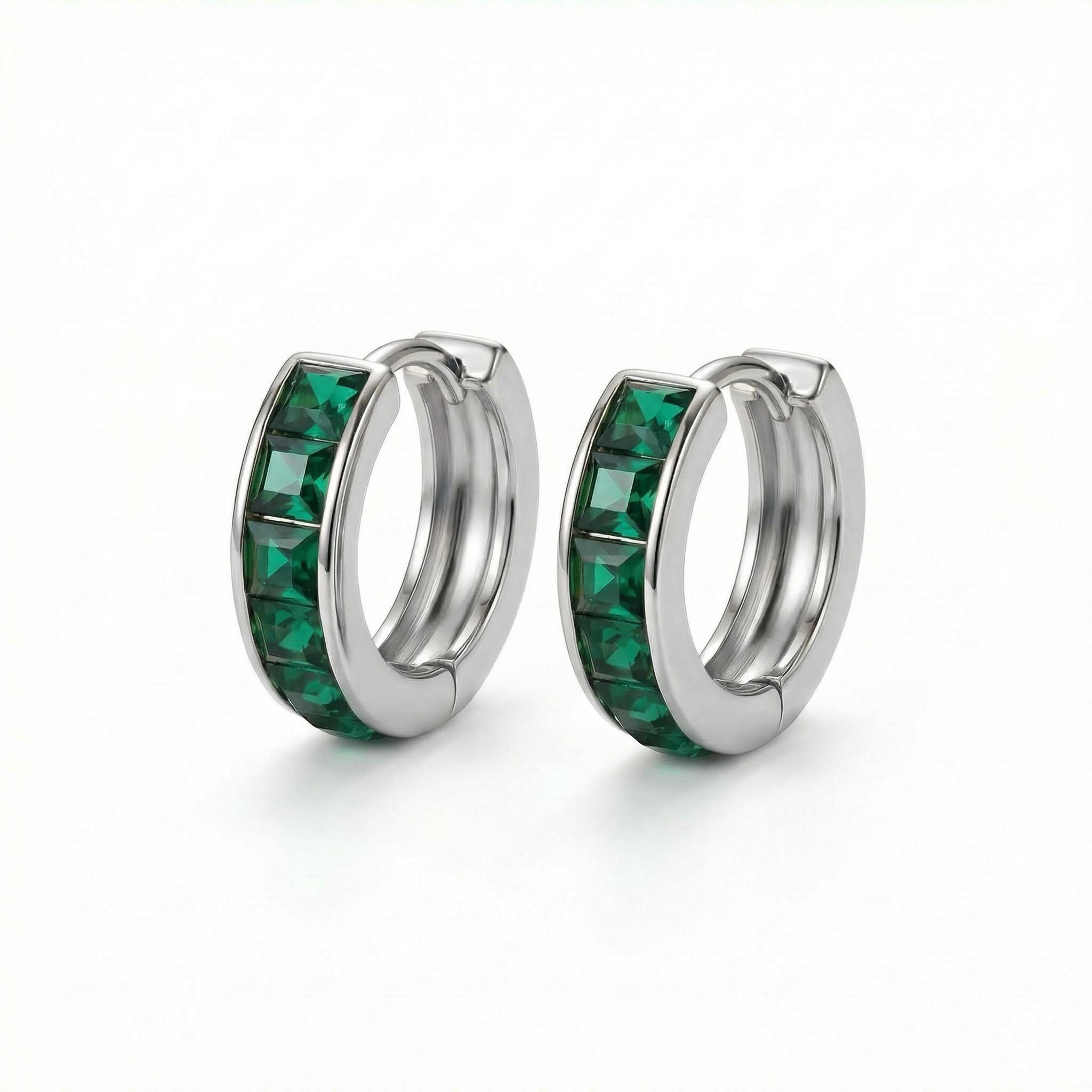 Street Luxury S925 Silver Emerald Princess Cut Channel Set Hoop Earrings - Image 4