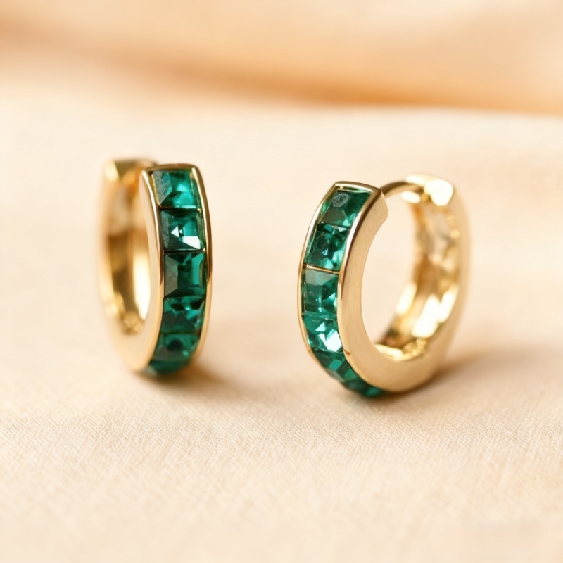 Street Luxury S925 Silver Emerald Princess Cut Channel Set Hoop Earrings - Image 7