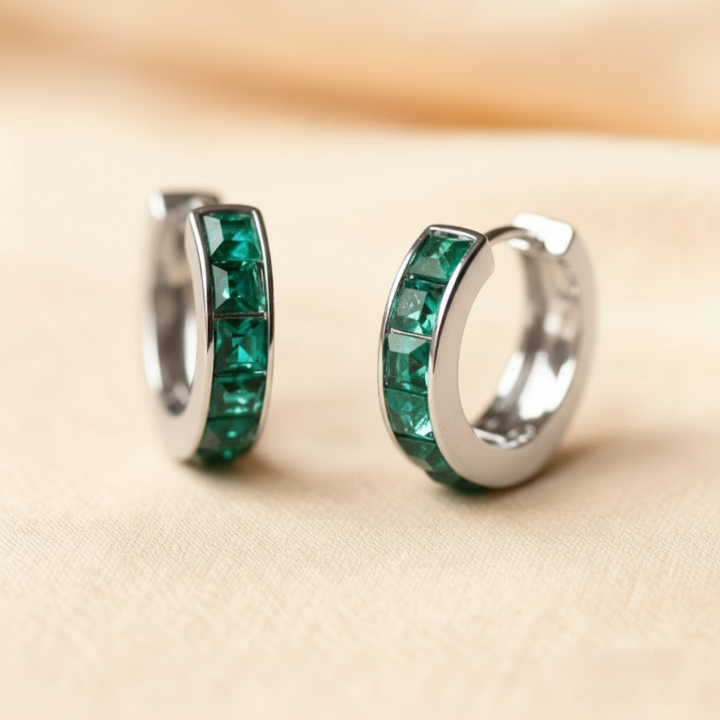 Street Luxury S925 Silver Emerald Princess Cut Channel Set Hoop Earrings - Image 8