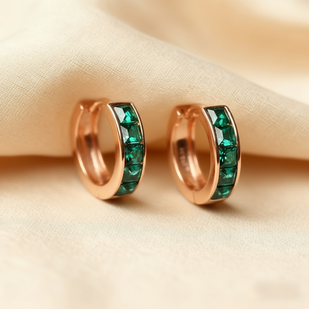 Street Luxury S925 Silver Emerald Princess Cut Channel Set Hoop Earrings - Image 9
