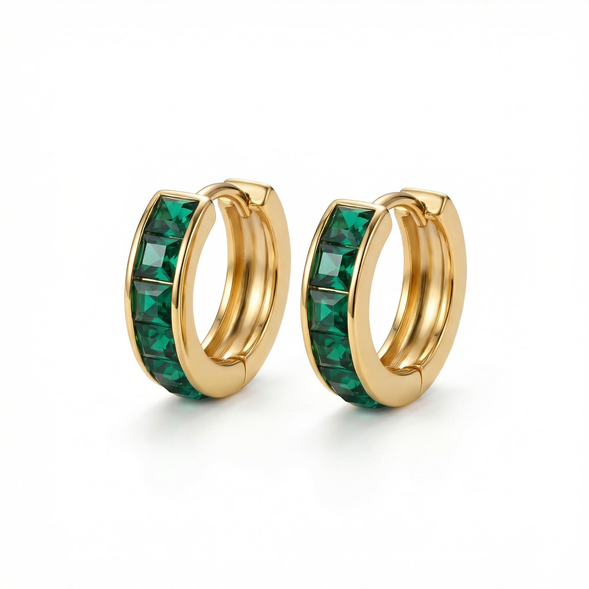 Street Luxury S925 Silver Emerald Princess Cut Channel Set Hoop Earrings