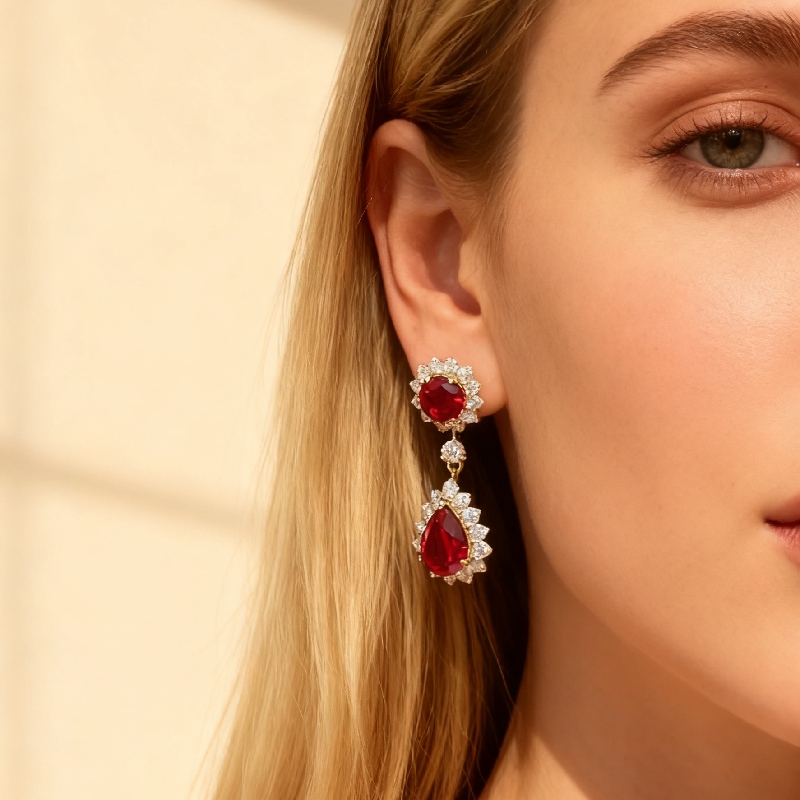 S925 Silver Ruby Round & Pear Cut Dangle Drop Earrings With Silver Shine - Image 3
