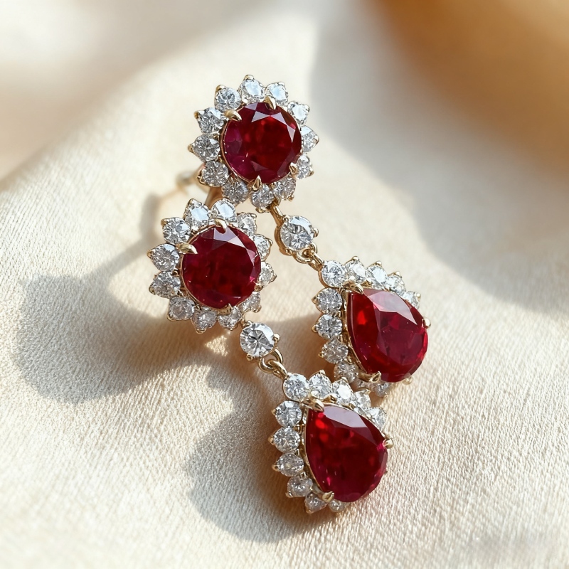 S925 Silver Ruby Round & Pear Cut Dangle Drop Earrings With Silver Shine - Image 4